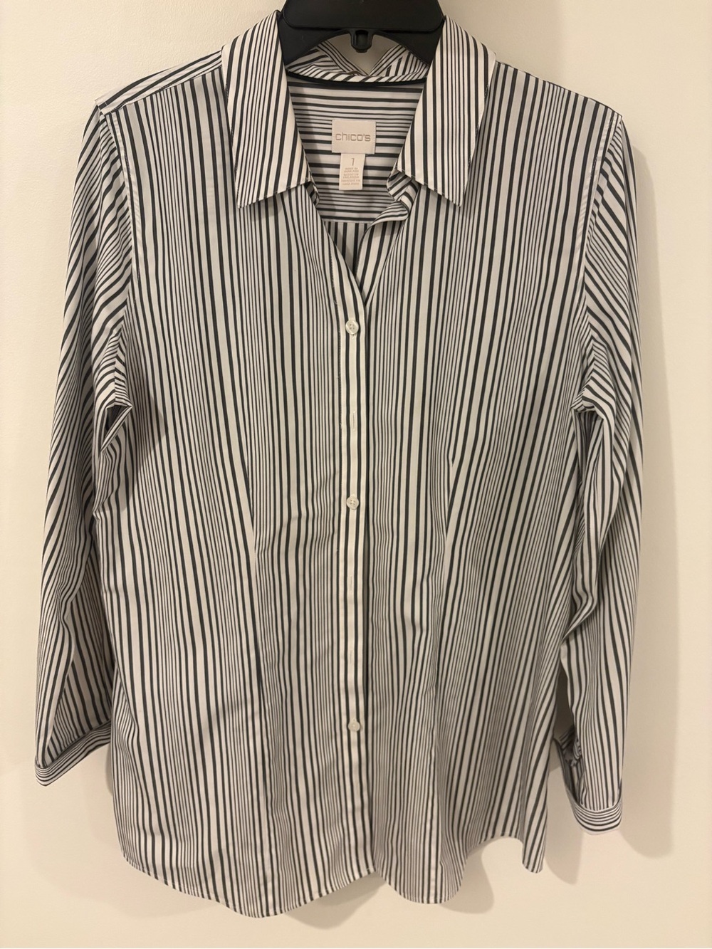 Chico's Black & White Vertical Stripe Dress Shirt